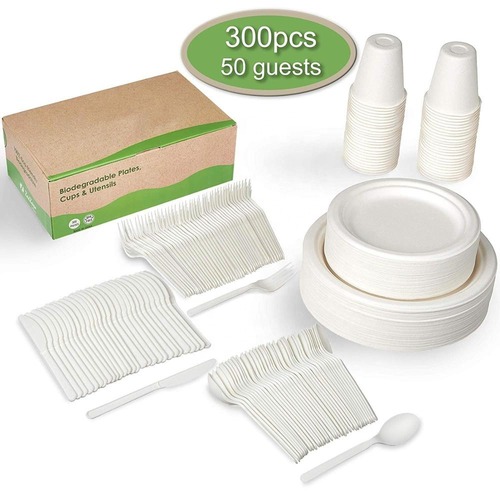 Juego de vajilla desechable compostable, ecológico y biodegradable (300 piezas).