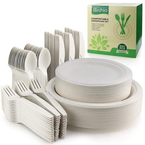 Juego de vajilla desechable compostable, ecológico y biodegradable (250 piezas).