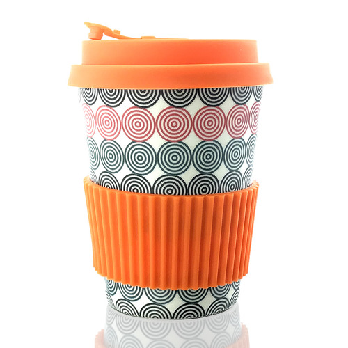 Biodegradable bamboo reusable coffee cup with lid and silicone insulation cover.