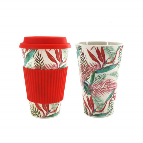 Biodegradable bamboo reusable coffee cup with lid and silicone insulation cover with an image.