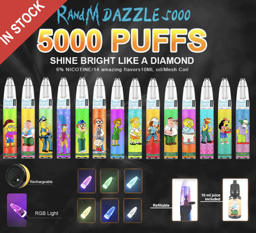 Disposable R and M Dazzle 5000, 5000 Puff, 650mAh, 10 ml, 6% salt nic. (Rechargeable, RGB).