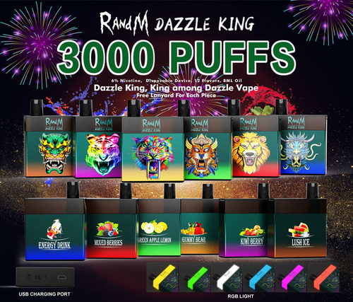 Disposable R and M Dazzle King, 3000 Puff, 1000mAh, 8 ml, 6% salt nic. (Rechargeable, RGB), Cartoon version.
